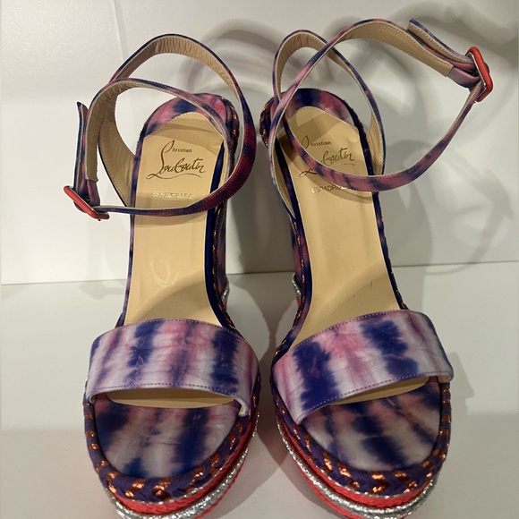 Never worn Christian Louboutin Multicolor Fabric Ankle Strap Platform Wedges - Picture 2 of 9